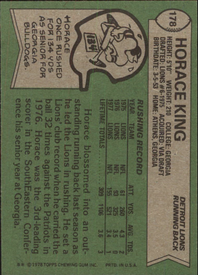 1978 Topps #178 Horace King RC back image