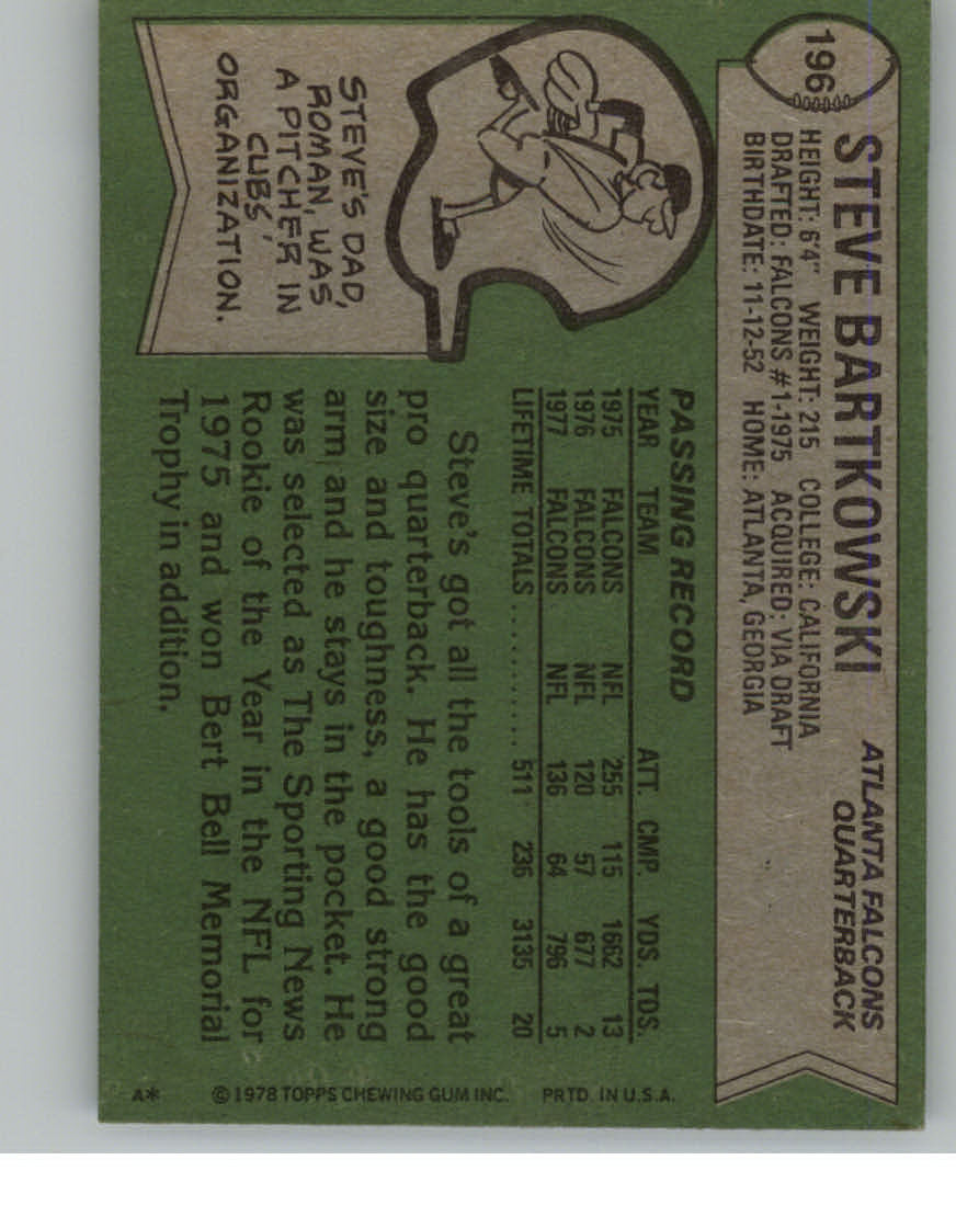 1978 Topps #196 Steve Bartkowski back image