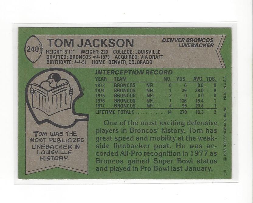 1978 Topps #240 Tom Jackson RC back image