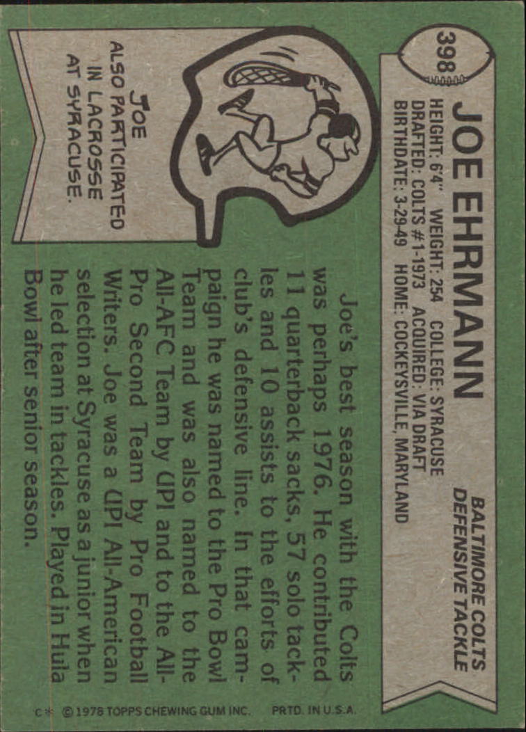 1978 Topps #398 Joe Ehrmann back image