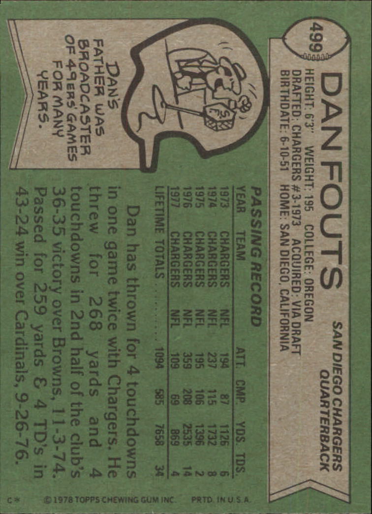 1978 Topps #499 Dan Fouts back image