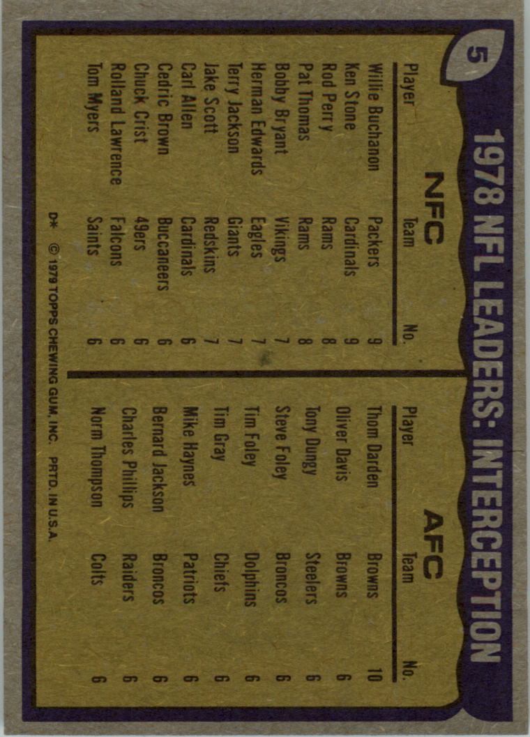 1979 Topps #5 Interception Leaders/Willie Buchanon/Ken Stone/Thom Darden back image