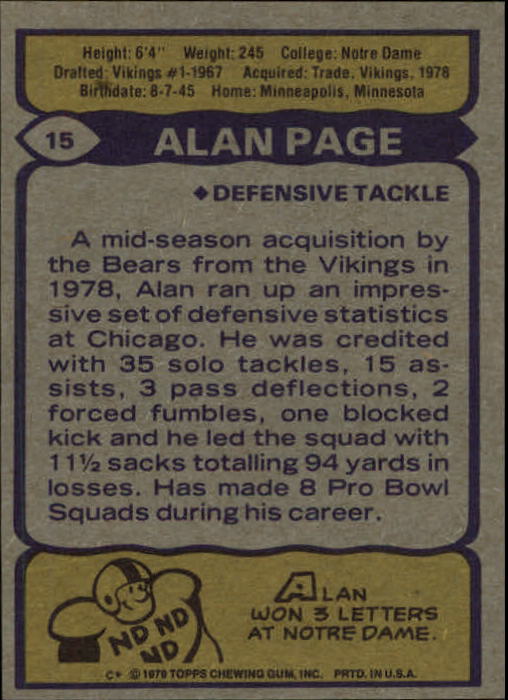 1979 Topps #15 Alan Page back image