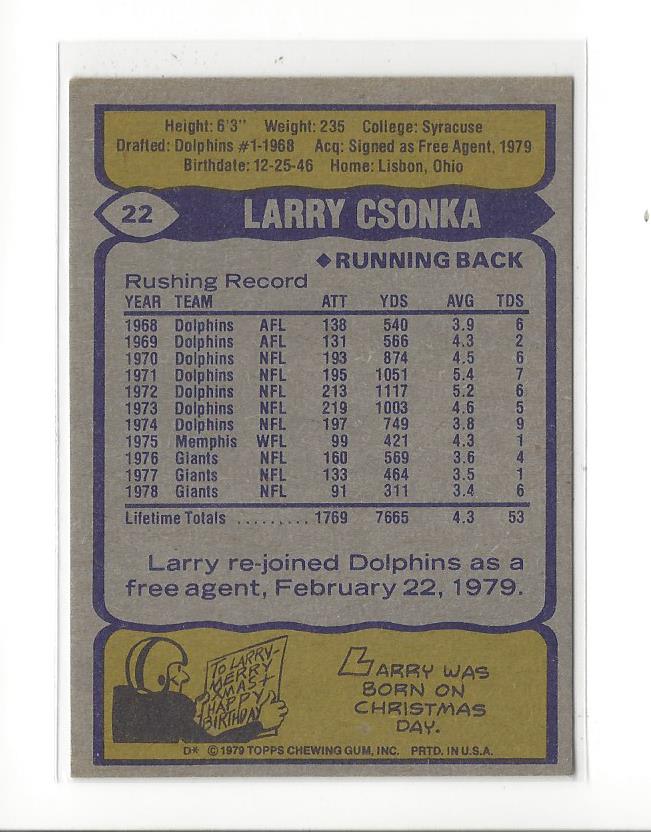 1979 Topps #22 Larry Csonka back image