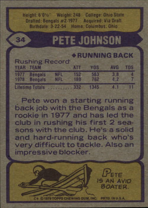 1979 Topps #34 Pete Johnson back image