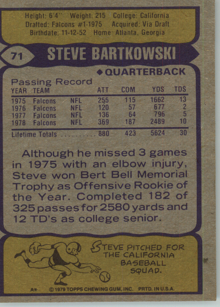 1979 Topps #71 Steve Bartkowski back image