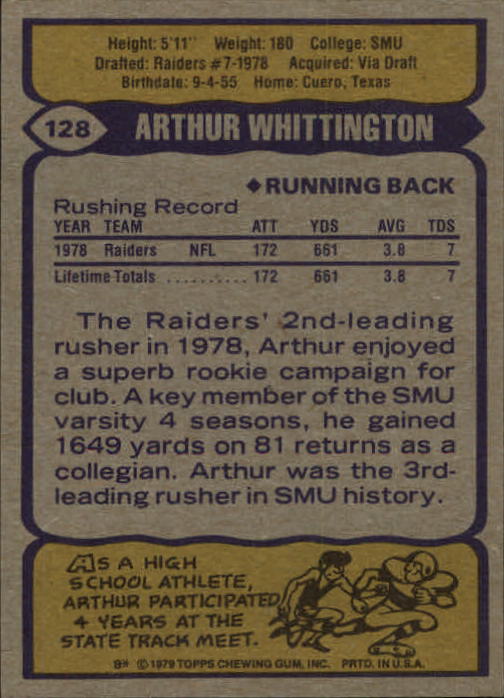 1979 Topps #128 Arthur Whittington RC back image