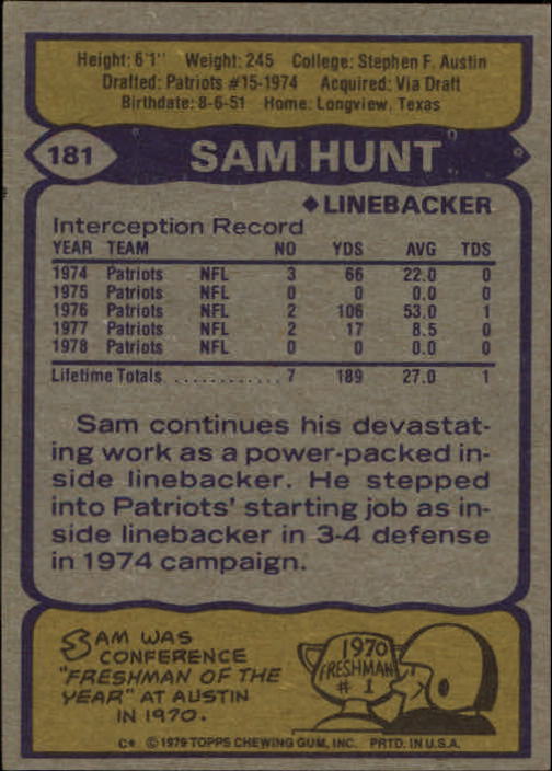 1979 Topps #181 Sam Hunt back image