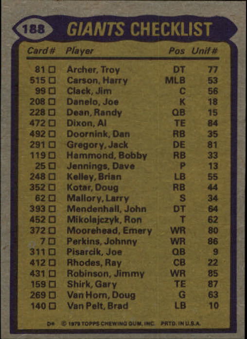 1979 Topps #188 New York Giants TL/Doug Kotar/Jimmy Robinson/Terry Jackson/George Martin/(checklist back) back image