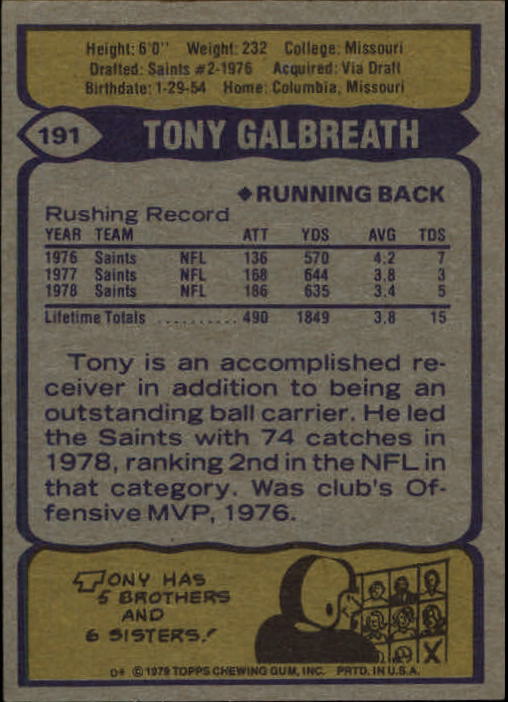 1979 Topps #191 Tony Galbreath back image