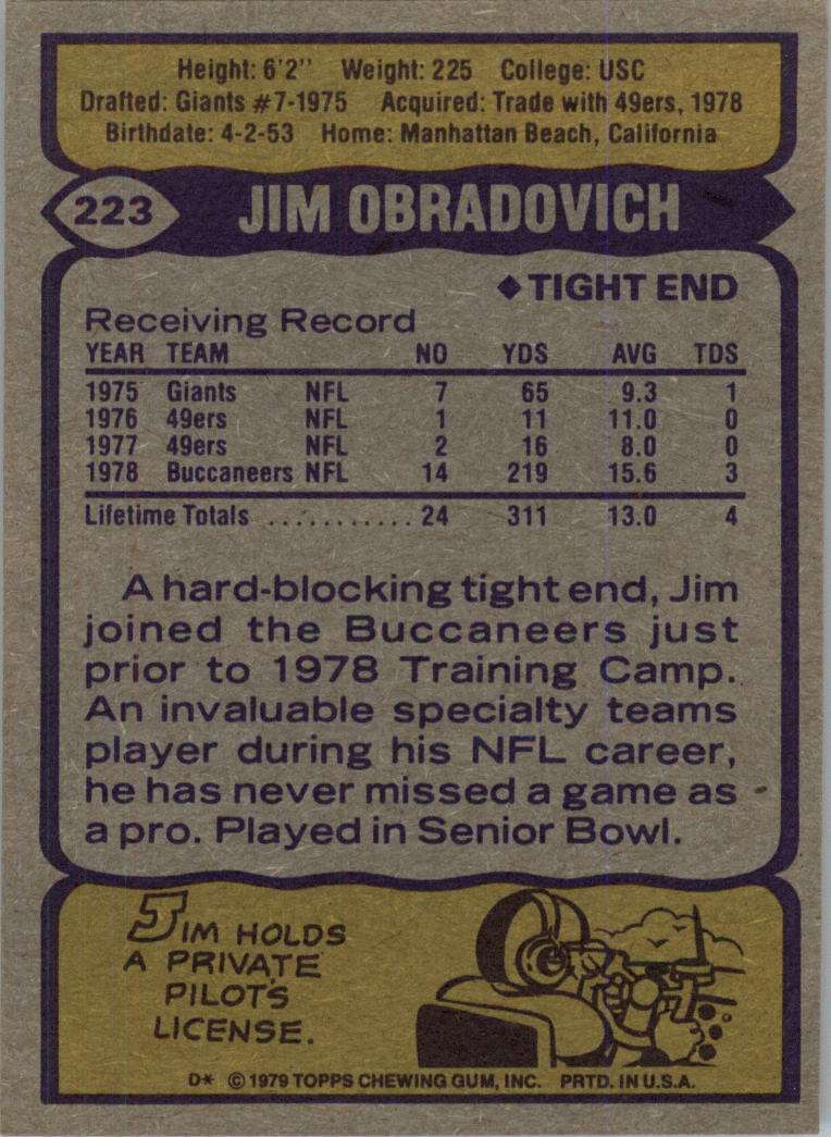 1979 Topps #223 Jim O'Bradovich RC back image