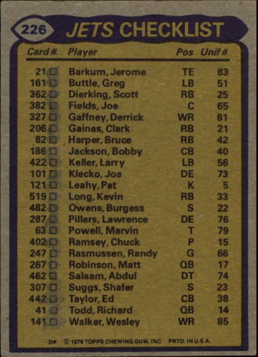 1979 Topps #226 New York Jets TL/Kevin Long/Wesley Walker/Bobby Jackson/Burgess Owens/Joe Klecko/(checklist back) back image