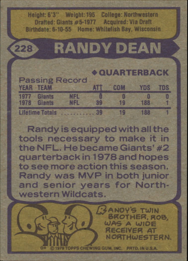 1979 Topps #228 Randy Dean RC back image