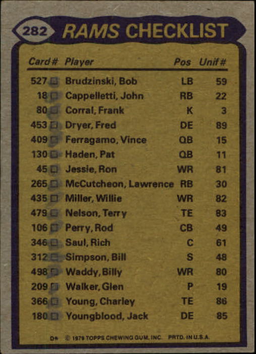 1979 Topps #282 Los Angeles Rams TL/Cullen Bryant/Willie Miller/Rod Perry/Pat Thomas/Larry Brooks/(checklist back) back image