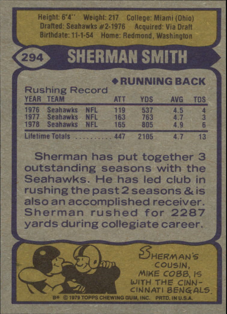 1979 Topps #294 Sherman Smith back image