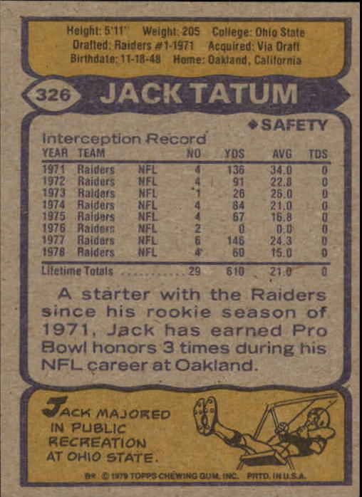 1979 Topps #326 Jack Tatum back image