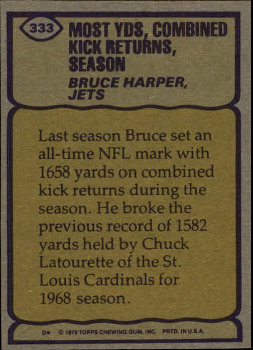 1979 Topps #333 Bruce Harper RB/Most Combined Kick/Return Yards& Season back image