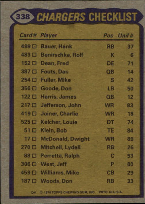 1979 Topps #338 San Diego Chargers TL/Lydell Mitchell/John Jefferson/Mike Fuller/Fred Dean/(checklist back) back image