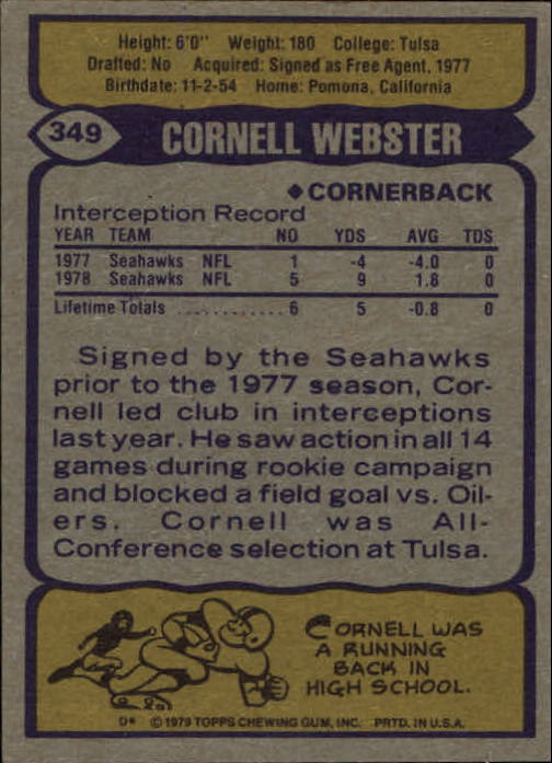 1979 Topps #349 Cornell Webster RC back image