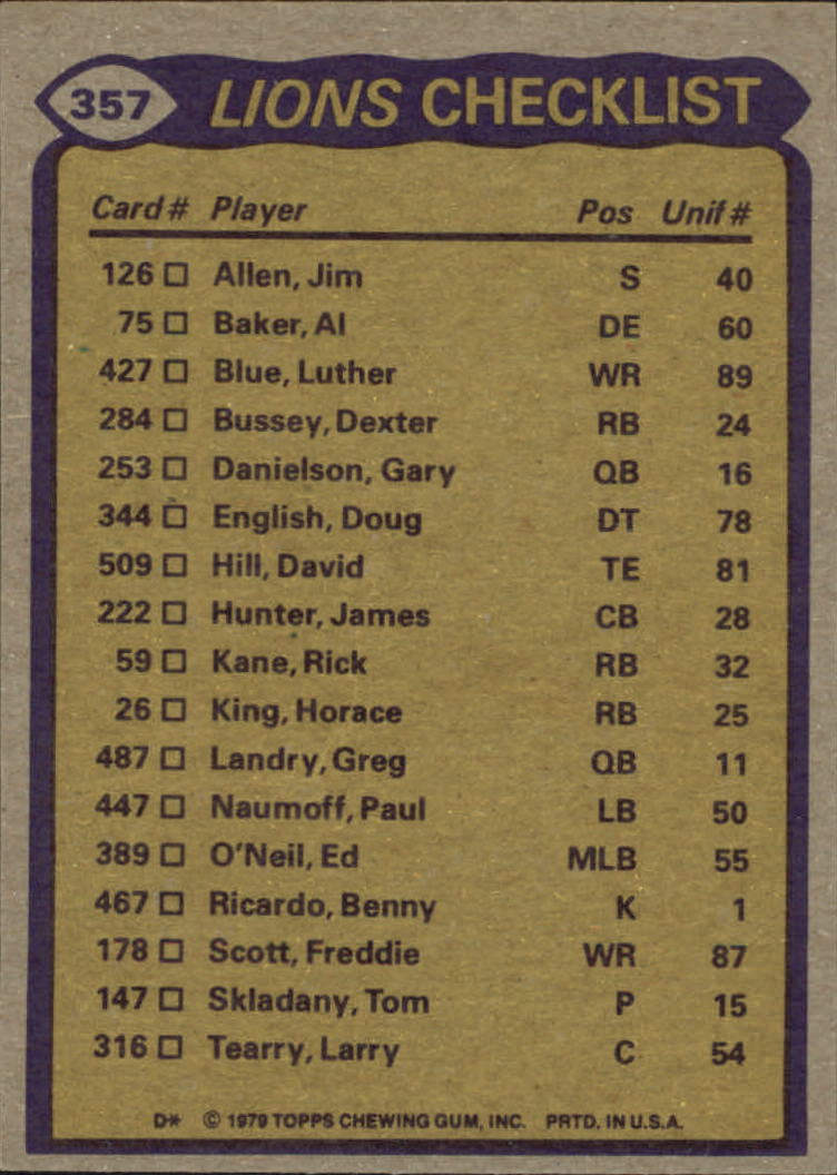1979 Topps #357 Detroit Lions TL/Dexter Bussey/David Hill/Jim Allen/Al(Bubba) Baker/(checklist back) back image