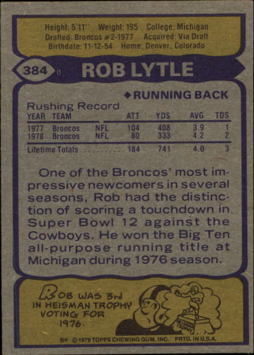 1979 Topps #384 Rob Lytle back image