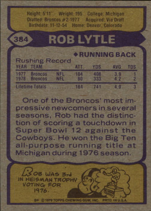 1979 Topps #384 Rob Lytle back image