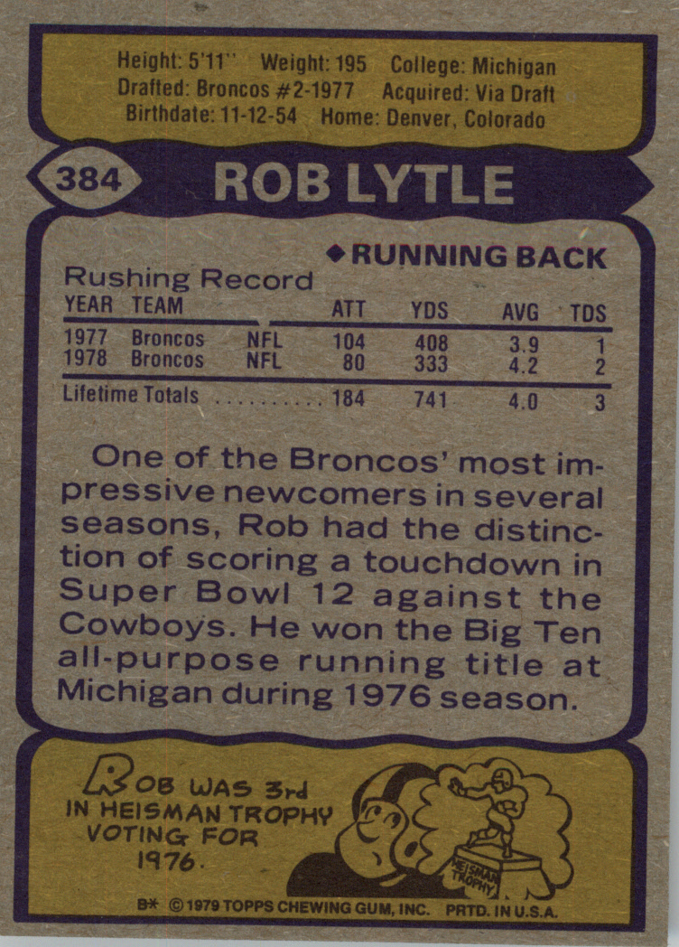 1979 Topps #384 Rob Lytle back image