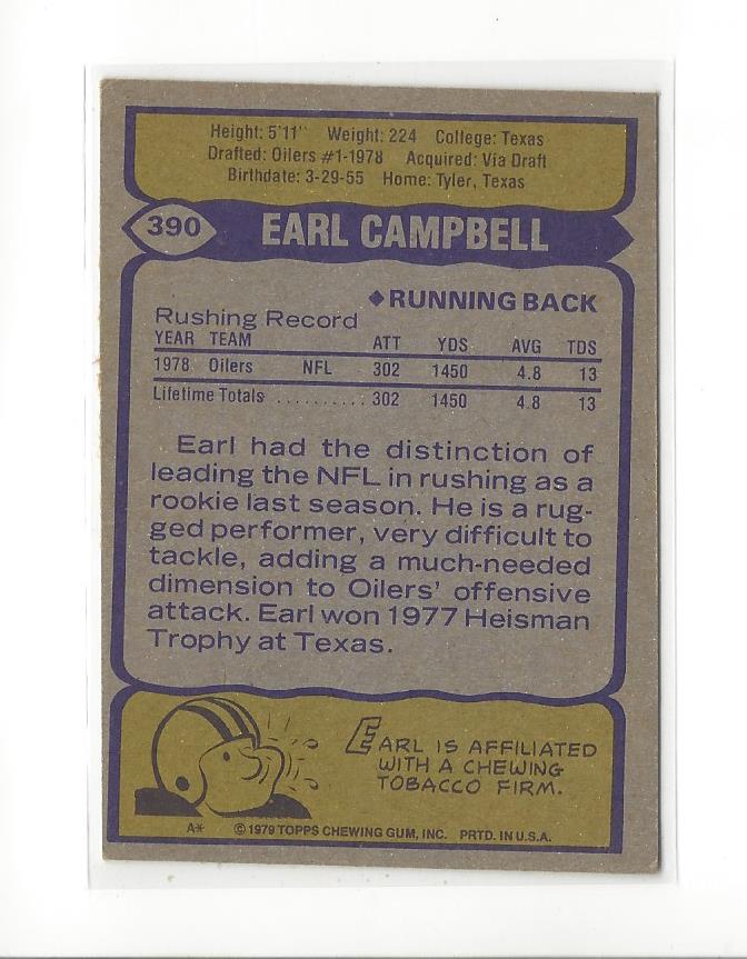 1979 Topps #390 Earl Campbell RC back image