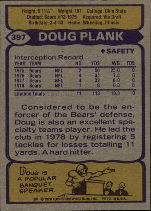 1979 Topps #397 Doug Plank back image