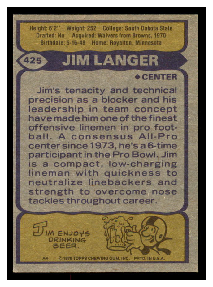 1979 Topps #425 Jim Langer back image