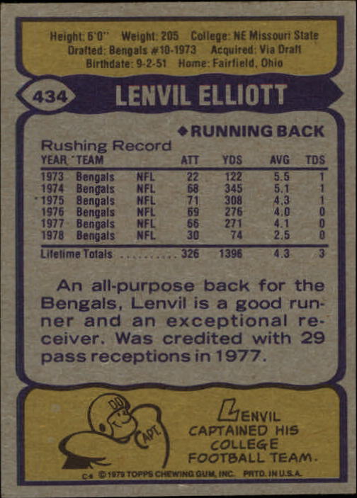 1979 Topps #434 Lenvil Elliott back image