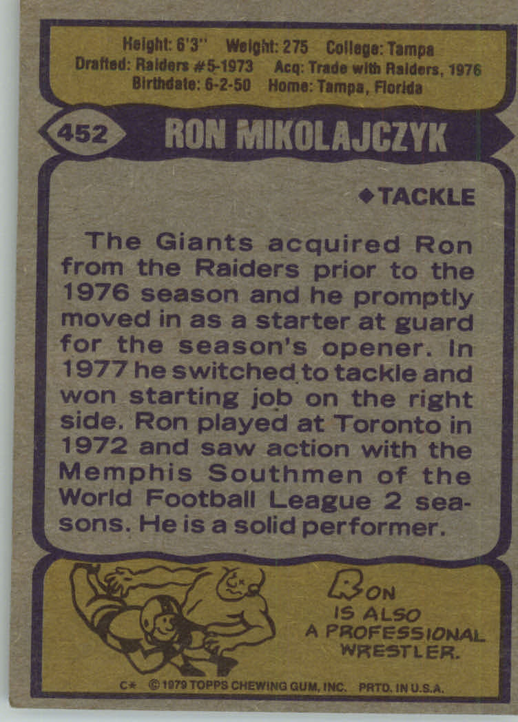 1979 Topps #452 Ron Mikolajczyk RC back image