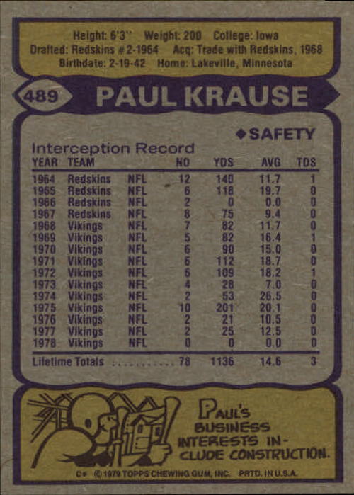 1979 Topps #489 Paul Krause back image