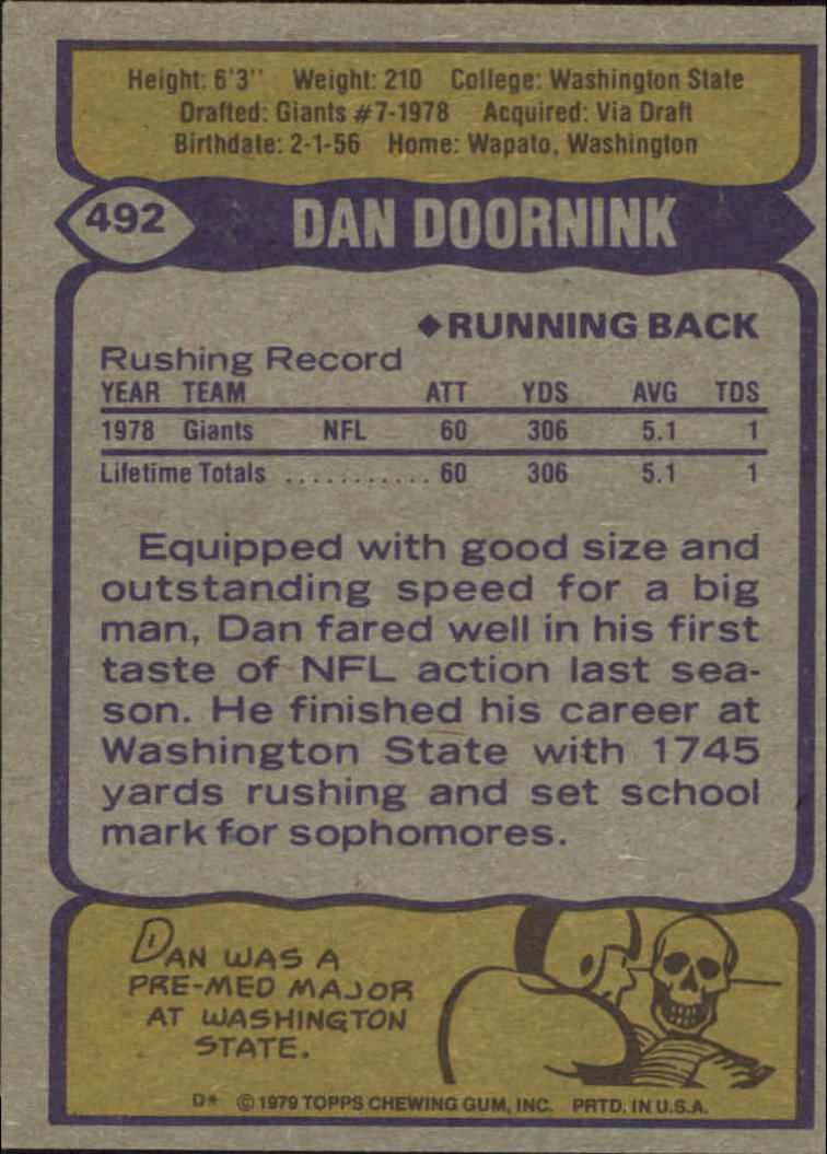 1979 Topps #492 Dan Doornink RC back image
