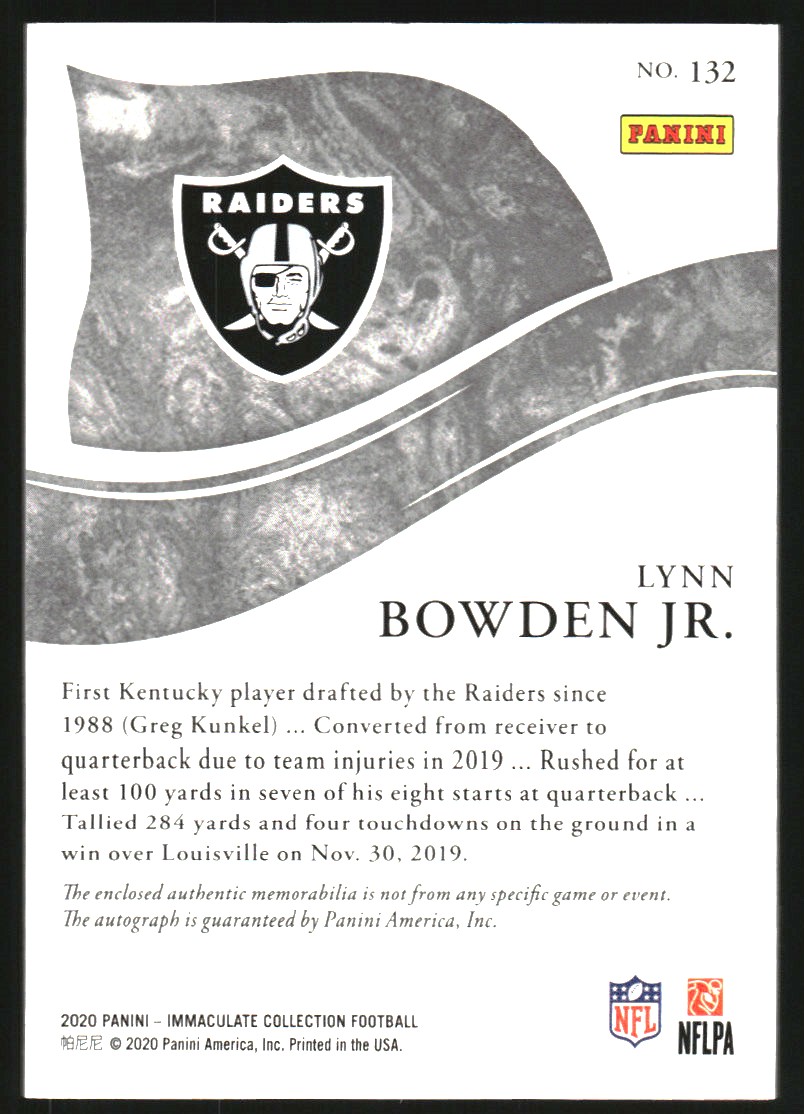 2020 Immaculate Collection #132 Lynn Bowden Jr. JSY AU RC