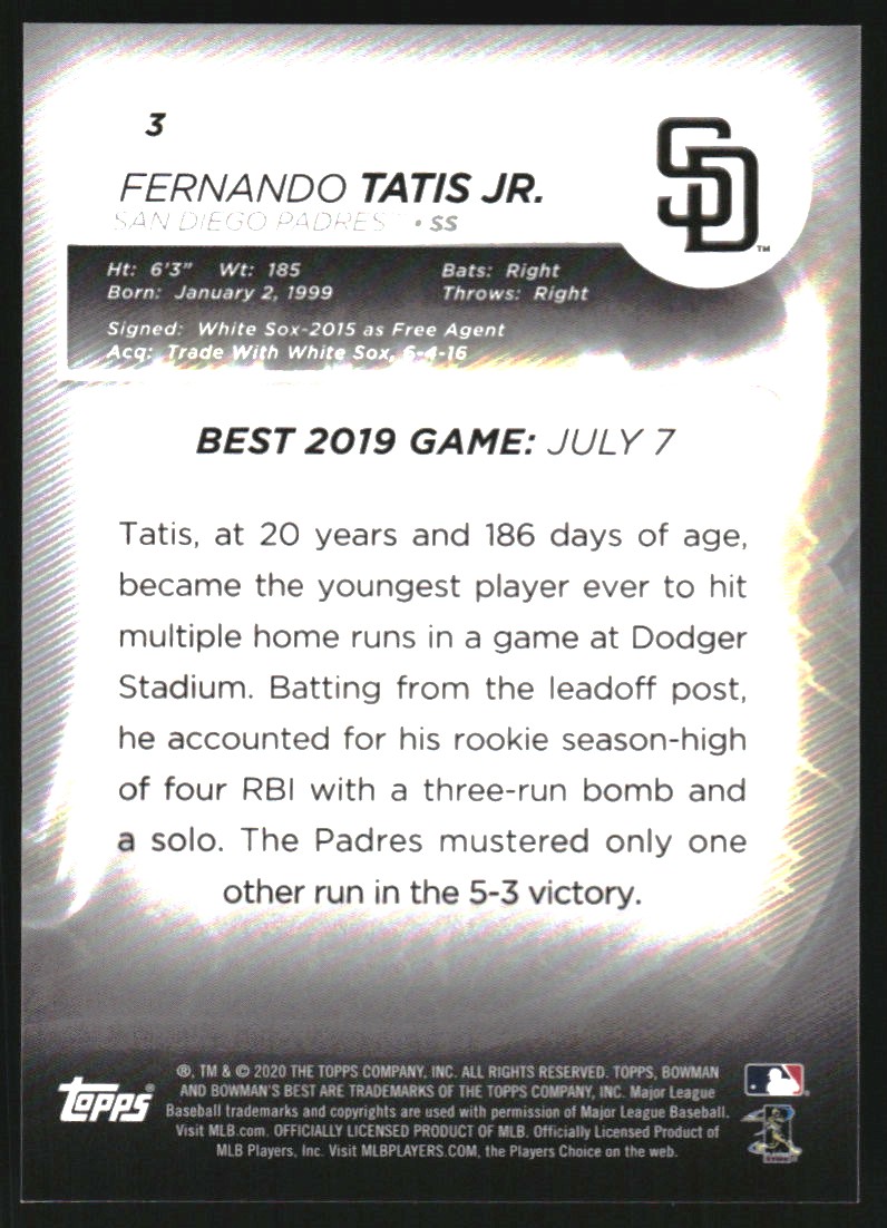 2020 Bowman's Best Blue Refractors #3 Fernando Tatis Jr.