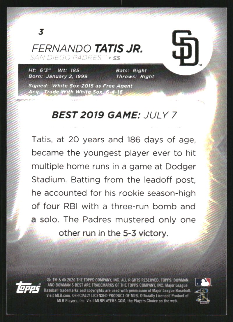 2020 Bowman's Best Gold Refractors #3 Fernando Tatis Jr.
