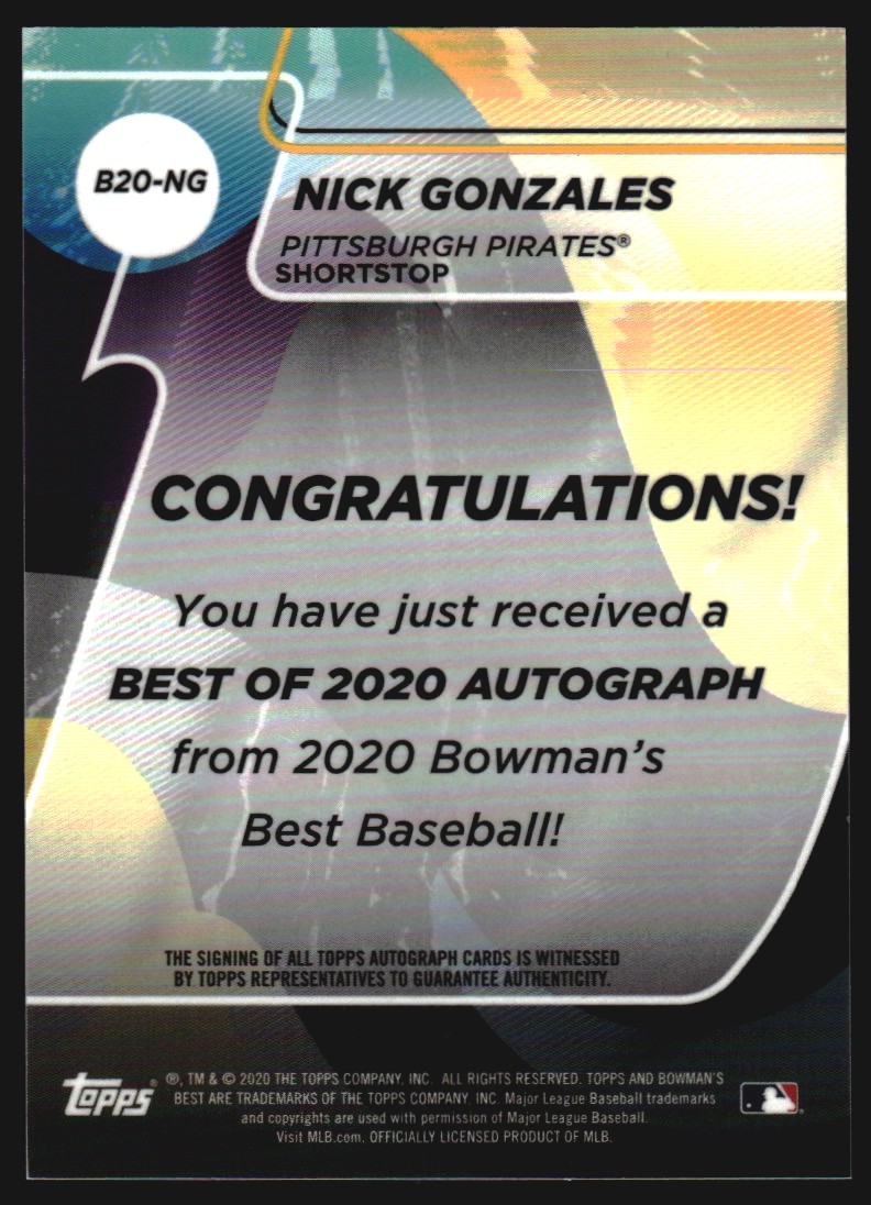 2020 Bowman's Best Best of '20 Autographs Blue Refractors #B20NG Nick Gonzales back image