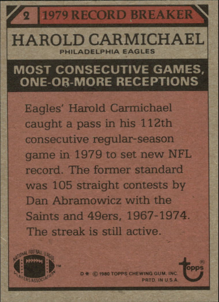 1980 Topps #2 Harold Carmichael RB/Most Consec. Games/One or More Receptions back image
