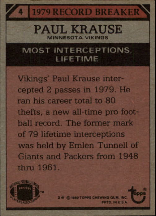 1980 Topps #4 Paul Krause RB/Most Interceptions/Lifetime back image