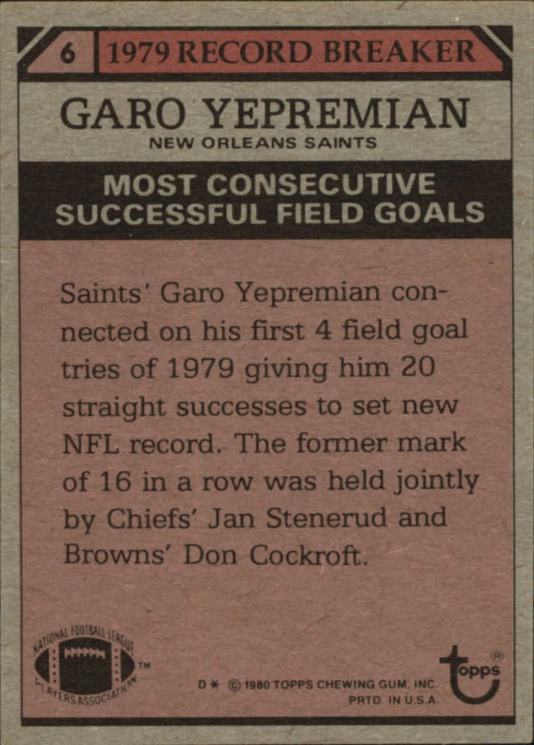 1980 Topps #6 Garo Yepremian RB back image