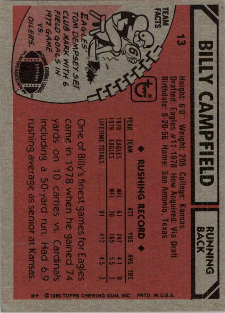 1980 Topps #13 Billy Campfield RC back image