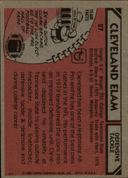 1980 Topps #27 Cleveland Elam back image