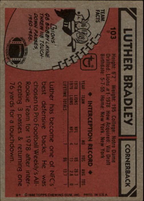 1980 Topps #103 Luther Bradley RC back image