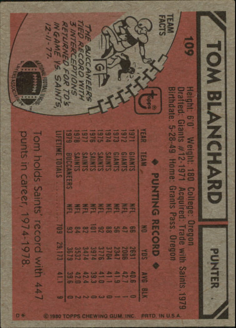1980 Topps #109 Tom Blanchard back image