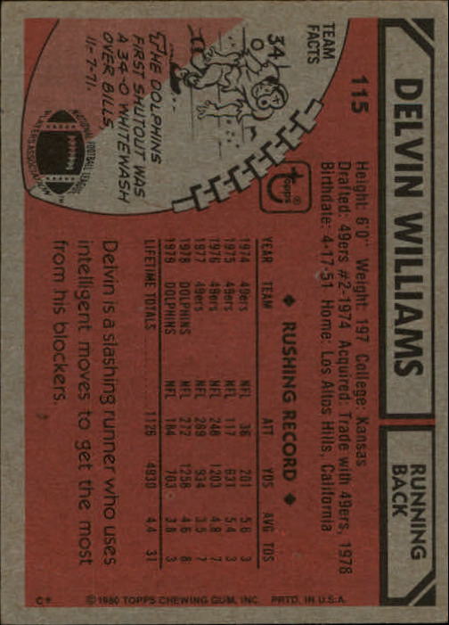 1980 Topps #115 Delvin Williams back image