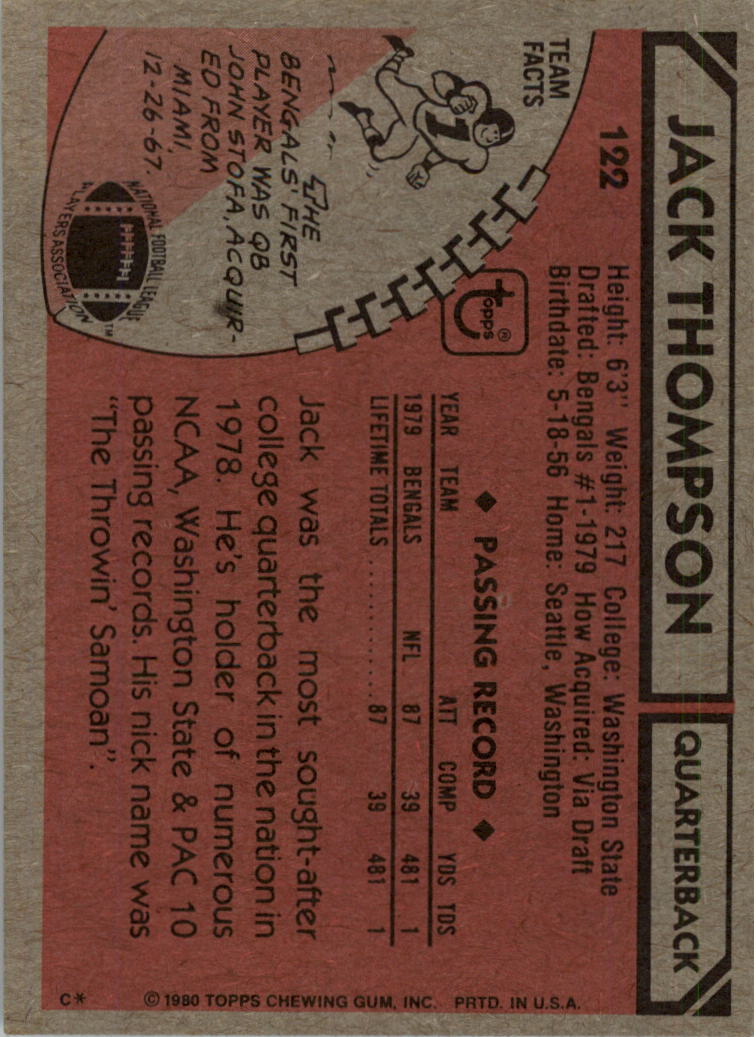 1980 Topps #122 Jack Thompson RC back image