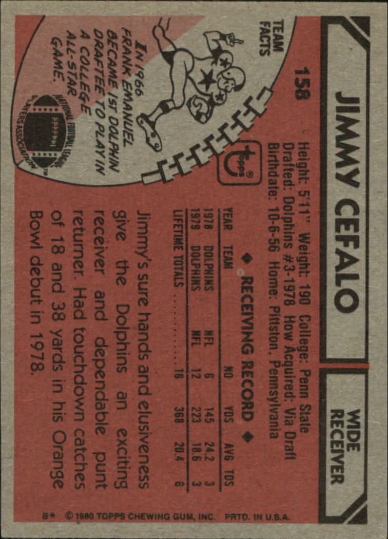 1980 Topps #158 Jimmy Cefalo RC back image