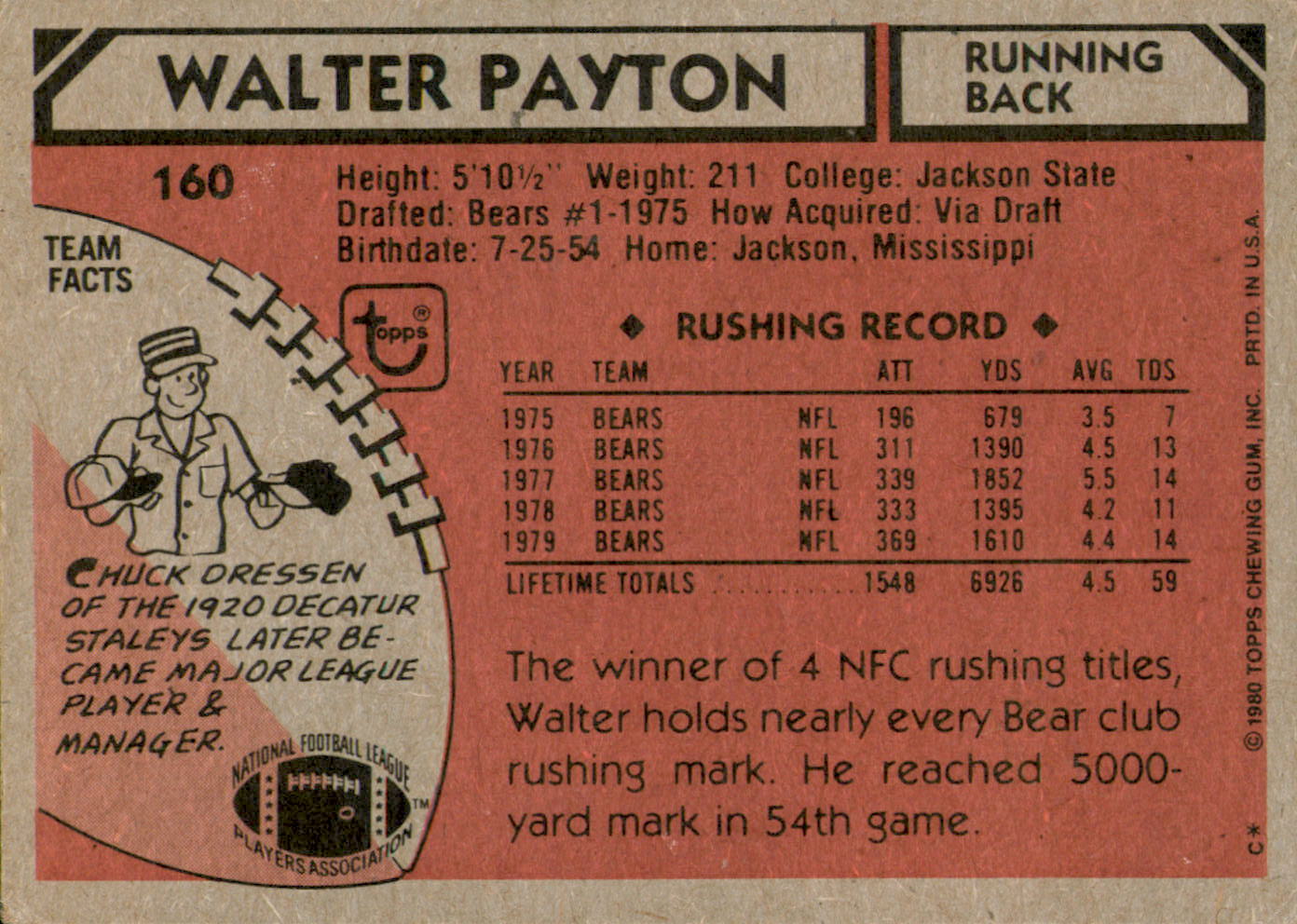 1980 Topps #160 Walter Payton AP back image