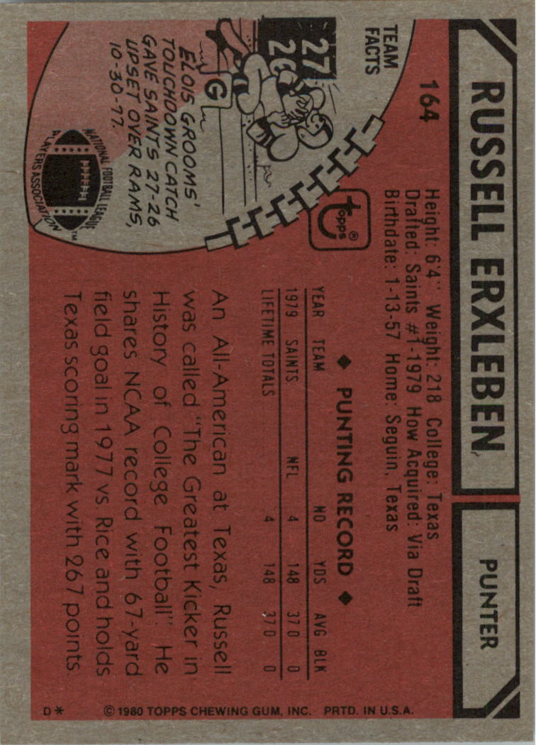 1980 Topps #164 Russell Erxleben back image